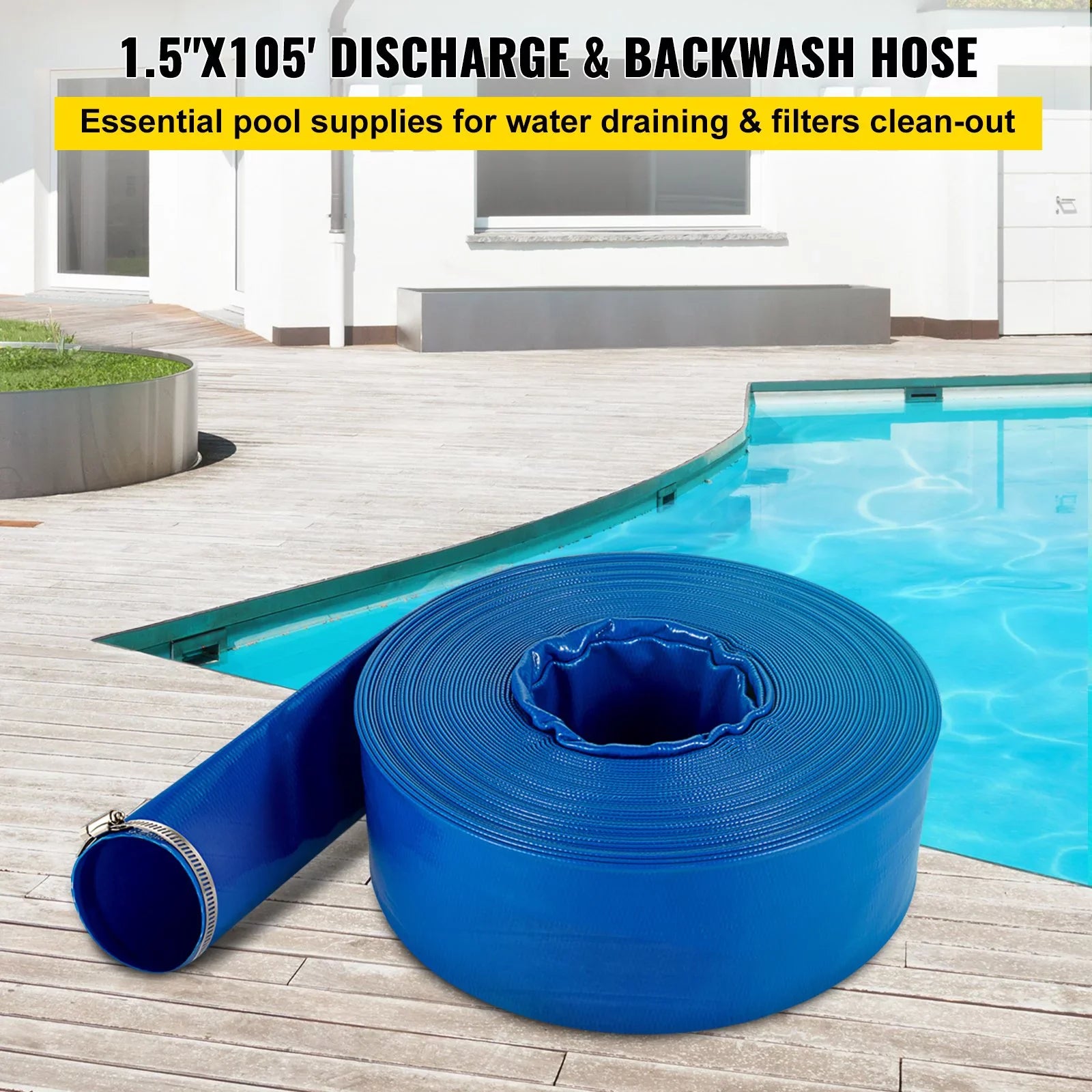 VEVOR Discharge Hose; 1-12" x 105'; Fabric Lay Flat Hose; Heavy Duty Backwash Drain Hose with Clamps; Weather-proof & Burst-proof; Ideal for Swimming Pool & Transfer; Blue