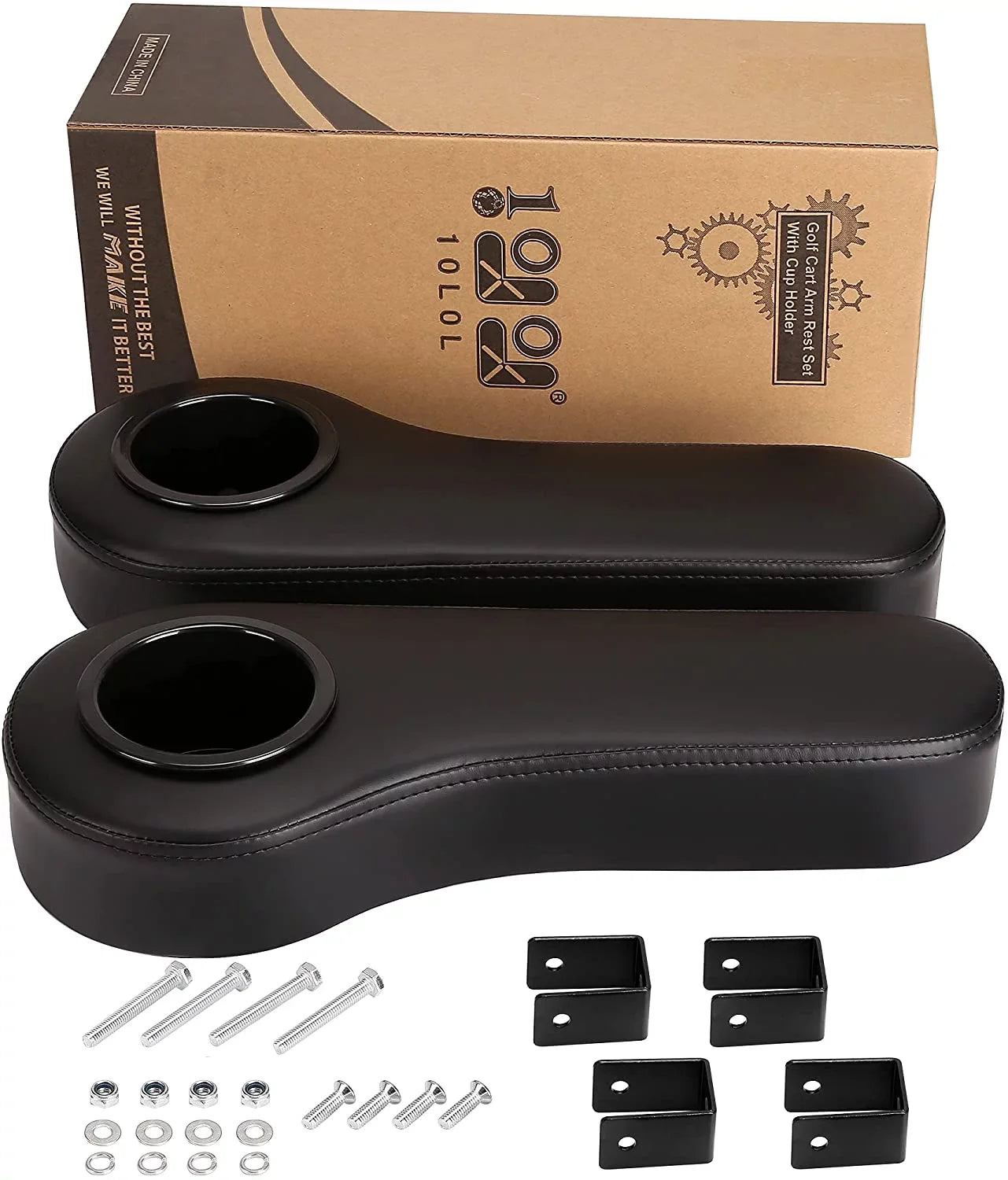 10L0L Golf Cart Armrests with Cup Holder for EZGO Club Car Yamaha Golf Cart Rear Seat; Without Drilling; Black; Set of 2
