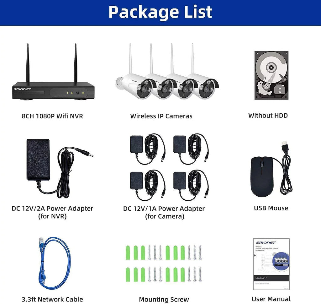 3MP Wireless Security Camera Systems No Hard Drive; SMONET 4PCS 8 Channel WiFi Surveillance NVR Kits; Indoor Outdoor CCTV Cameras;P2P CCTV Camera System;Night Vision;AI Human Detection with Audio