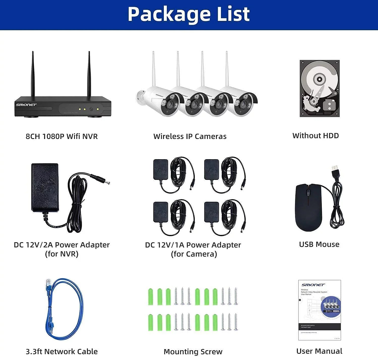 3MP Wireless Security Camera Systems No Hard Drive; SMONET 4PCS 8 Channel WiFi Surveillance NVR Kits; Indoor Outdoor CCTV Cameras;P2P CCTV Camera System;Night Vision;AI Human Detection with Audio