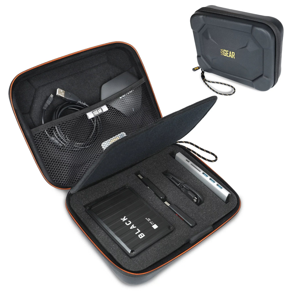 USA GEAR External Hard Drive Case; EVA Foam Hard Shell; Customizable Foam Interior - Black