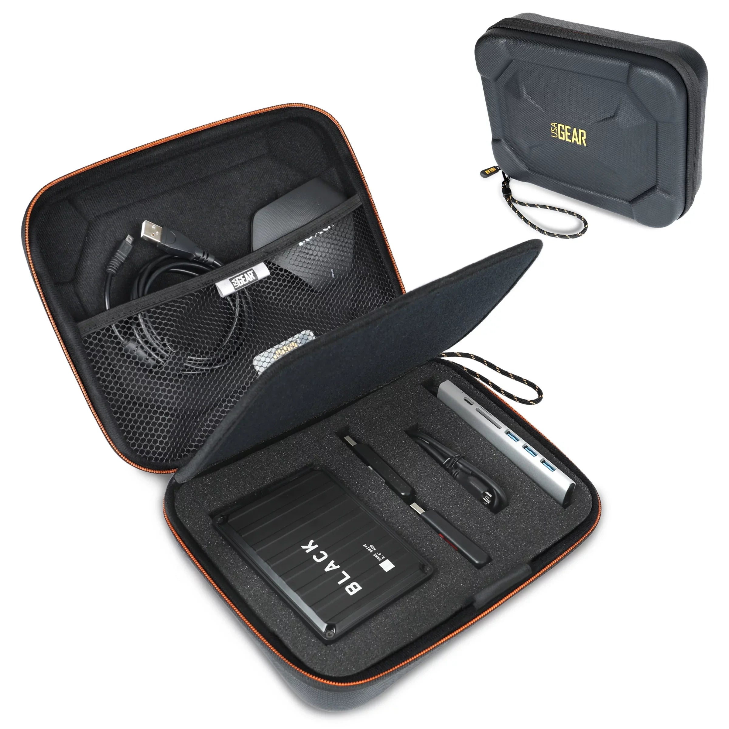 USA GEAR External Hard Drive Case; EVA Foam Hard Shell; Customizable Foam Interior - Black