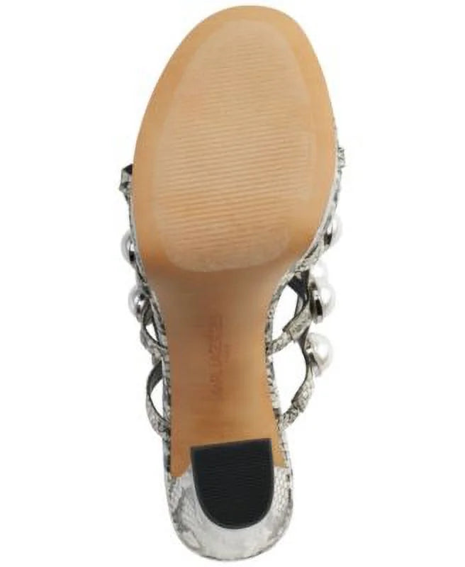 KARL LAGERFELD PARIS Womens Black Snakeskin 1" Platform Embellished Addica Round Toe Cone Heel Slip On Dress Heeled Sandal 9 M