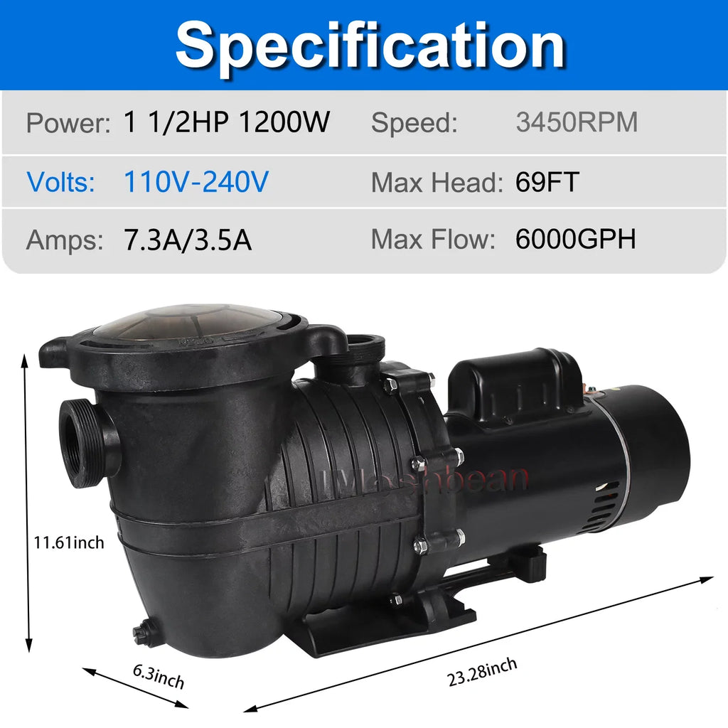iMeshbean In-ground Swimming Pool Pump; 1.5HP Motor 110V-230V; 6000GPH; Head Max 69FT; for Above Ground Swimming Pool and Inground Pool Circulation; w/ Strainer Basket
