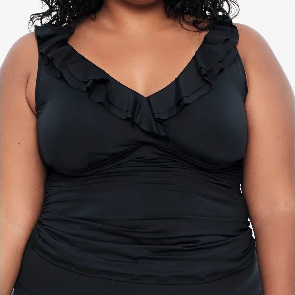 Ralph Lauren BLACK Plus Size Tummy-Control Underwire Ruffled Tankini Top; US 20W