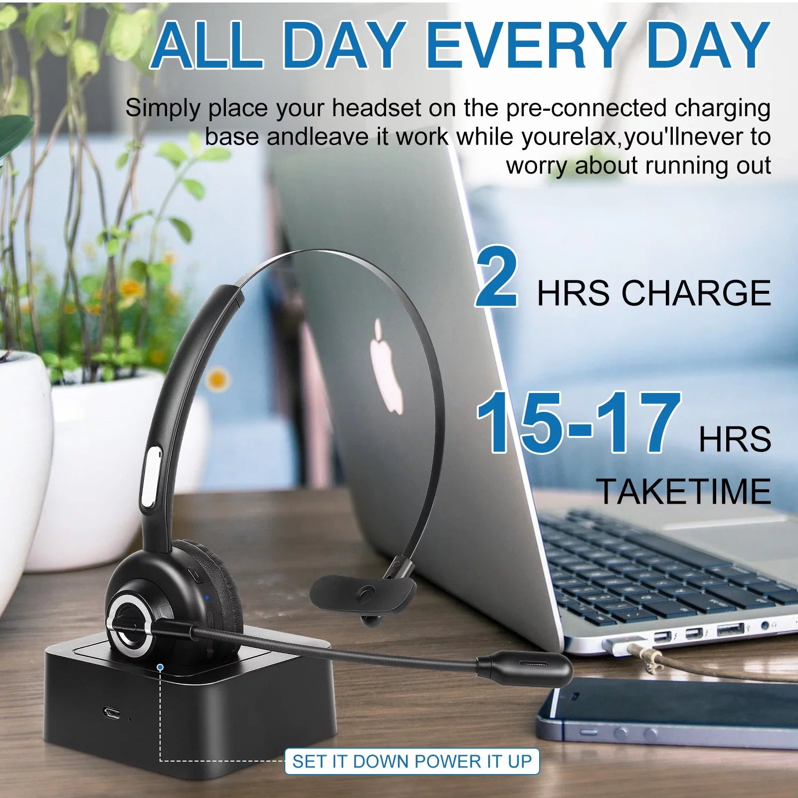 Comfortable Bluetooth Headset; UX-M97 Wireless Headset with Microphone; Wireless Cell Phone Headset with Noise Isolation Mic Charging Base Mute Function for Oppo F9 (F9 Pro) With Charging Dock