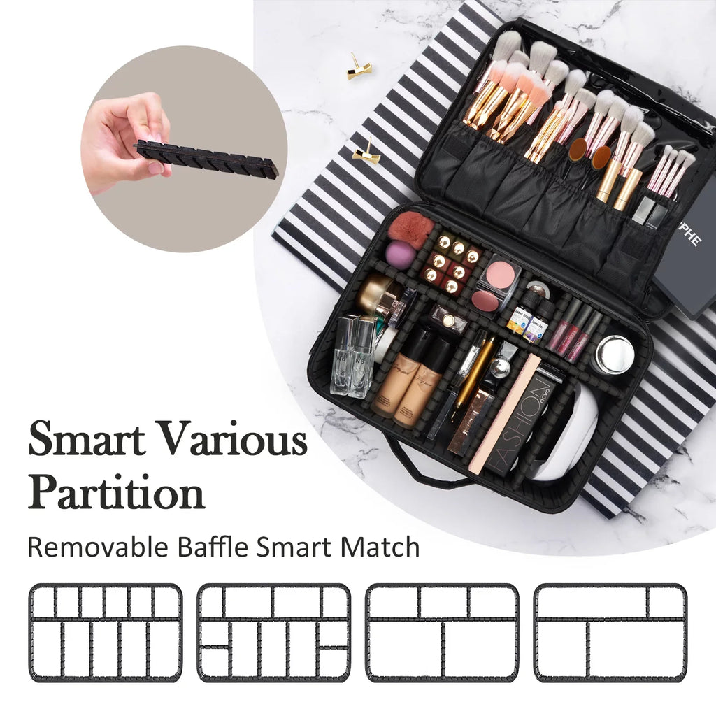 Extra Large Travel Makeup Bag Cosmetic Case Organizer Beauty Train Case with Shoulder Strap and Dividers Compartment; Black