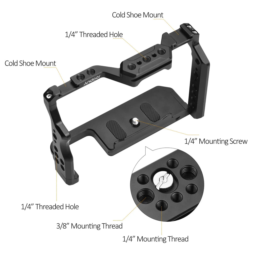Andoer 2 Camera Cage; Aluminum Alloy Video Cage with Dual Cold Shoe Mounts; Sony A7R III/ A7R II/ A7S II Compatibility