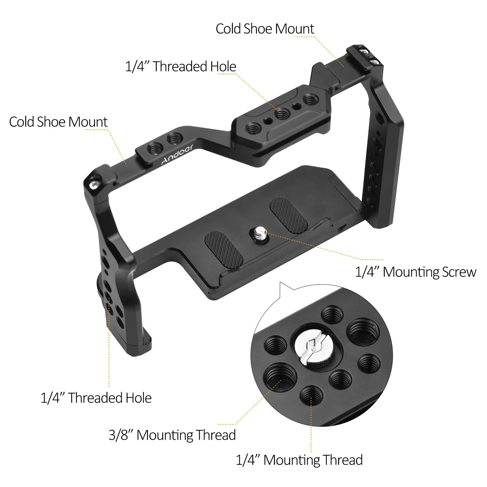 Andoer 2 Camera Cage; Aluminum Alloy Video Cage with Dual Cold Shoe Mounts; Sony A7R III/ A7R II/ A7S II Compatibility