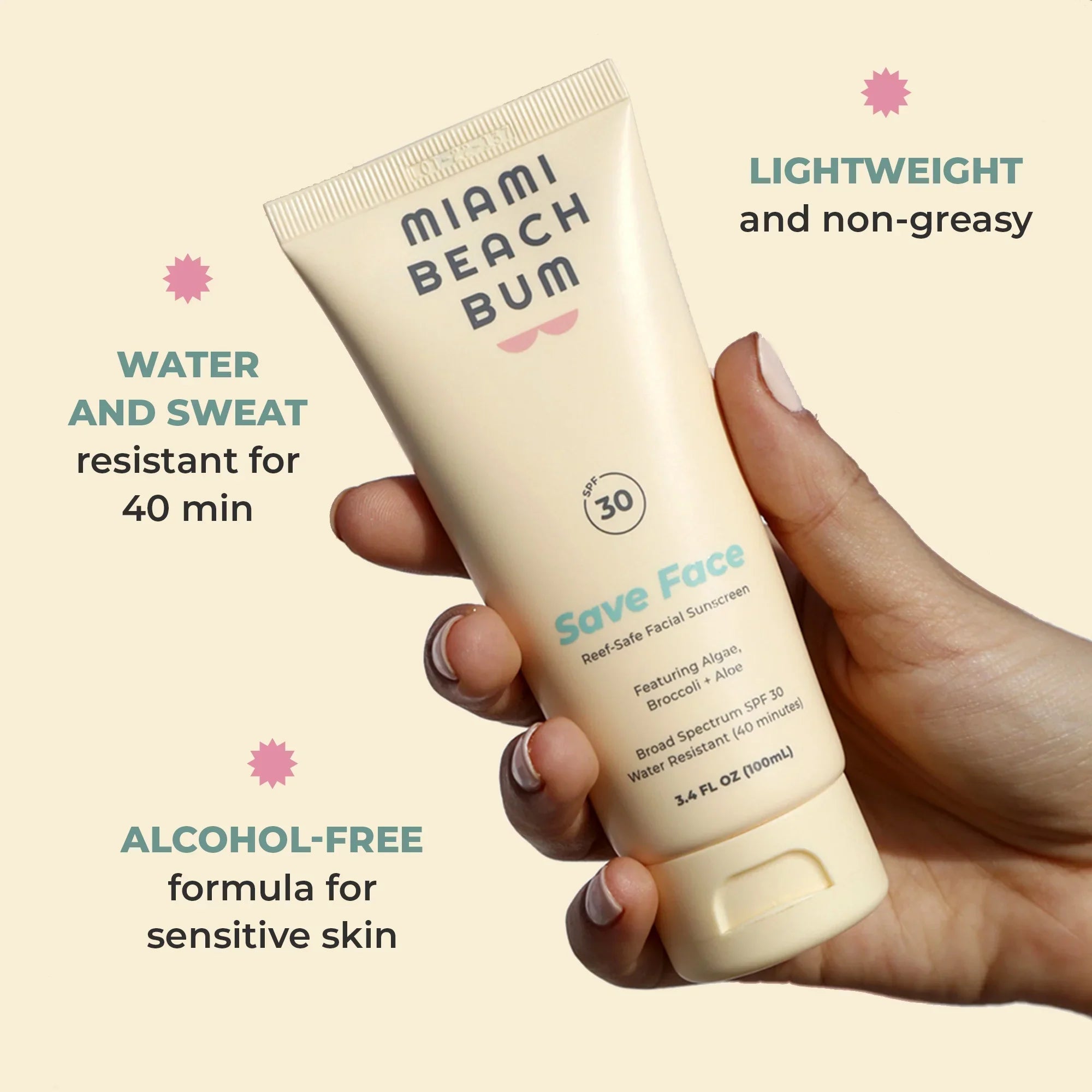 Miami Beach Bum Reef-Safe SPF30/ 40 Min Resistant Mineral Broccoli Face Cream; Fragrance-free; 3.4oz