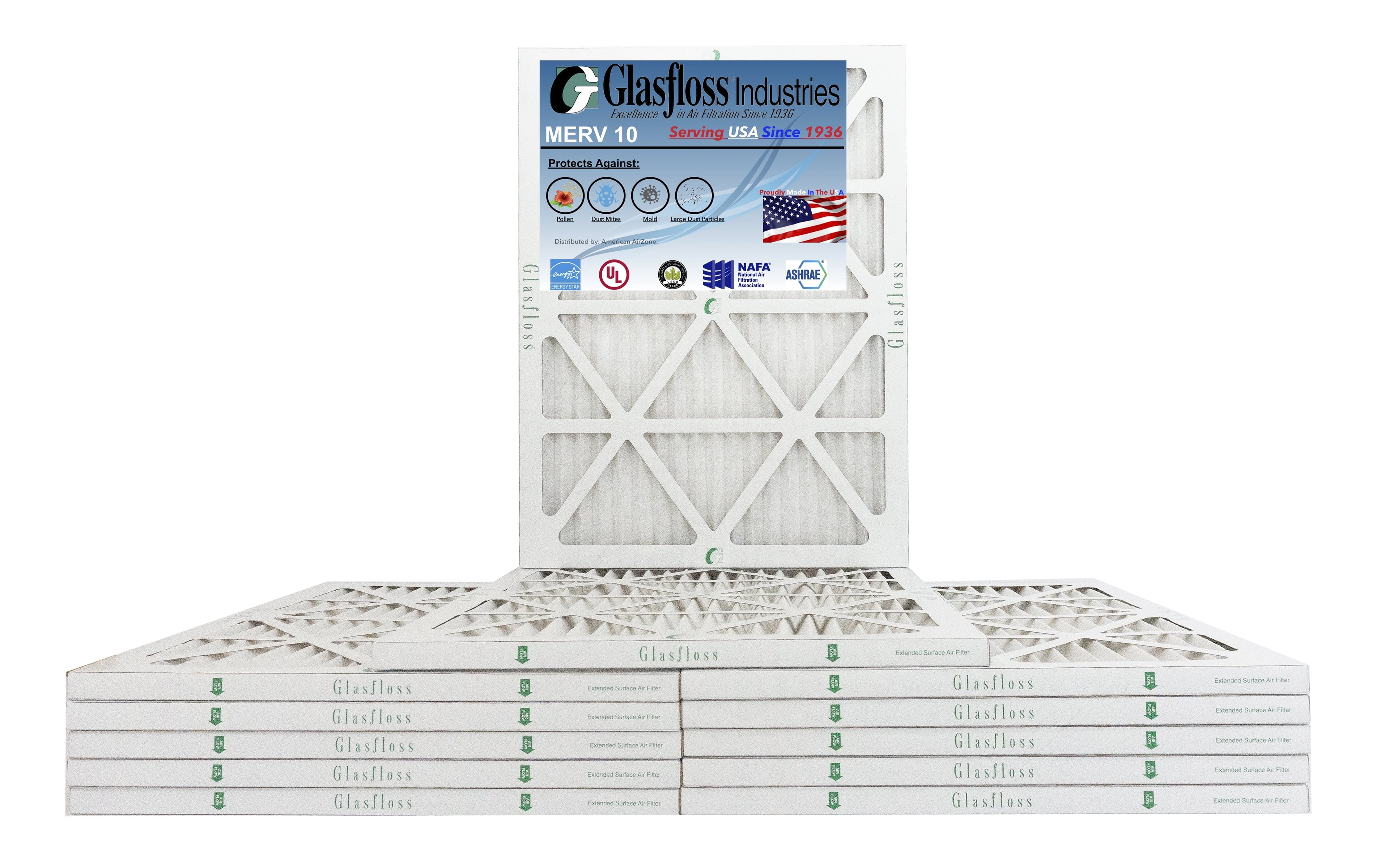 Glasfloss 14x22x1 - MERV 10 -Qty:12 - Furnace Air Filter - Made in USA (Actual Size: 13.5 x 21.5x7/8 inch)