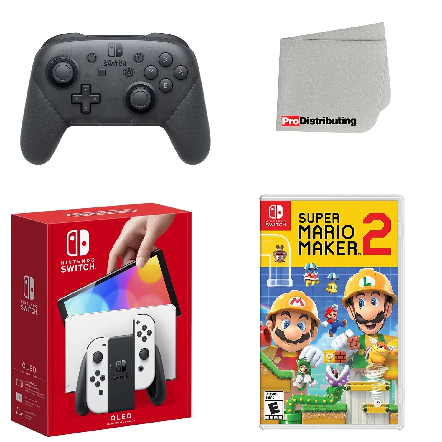 Nintendo Switch OLED Console White with Extra Wireless Controller; Super Mario Maker 2 and Screen Cleaning Cloth
