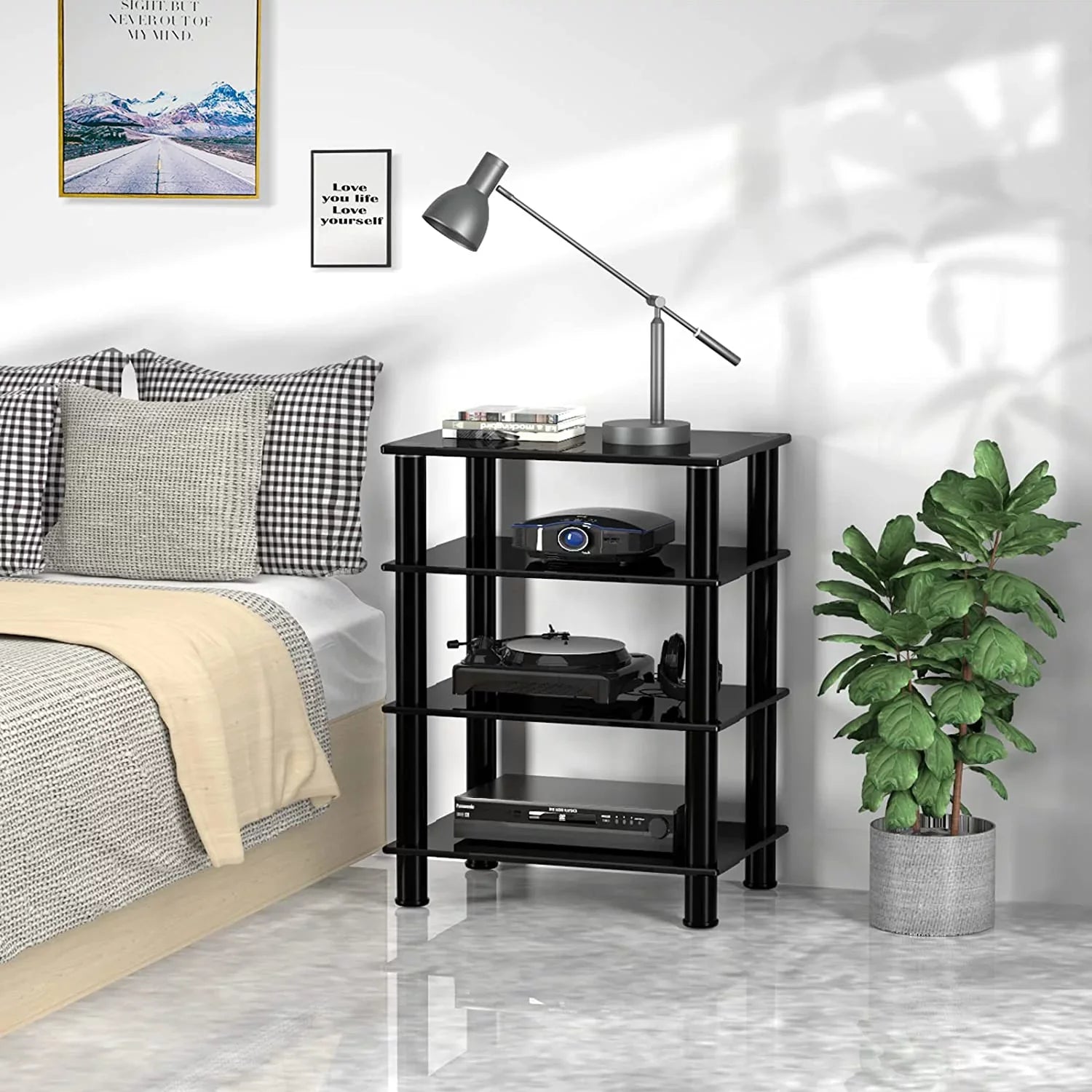 4-Tiers Media Compontent TV Stand Video Tower Tempered Glass Shevles for TV; Gaming Consoles; Media Component; Streaming Device