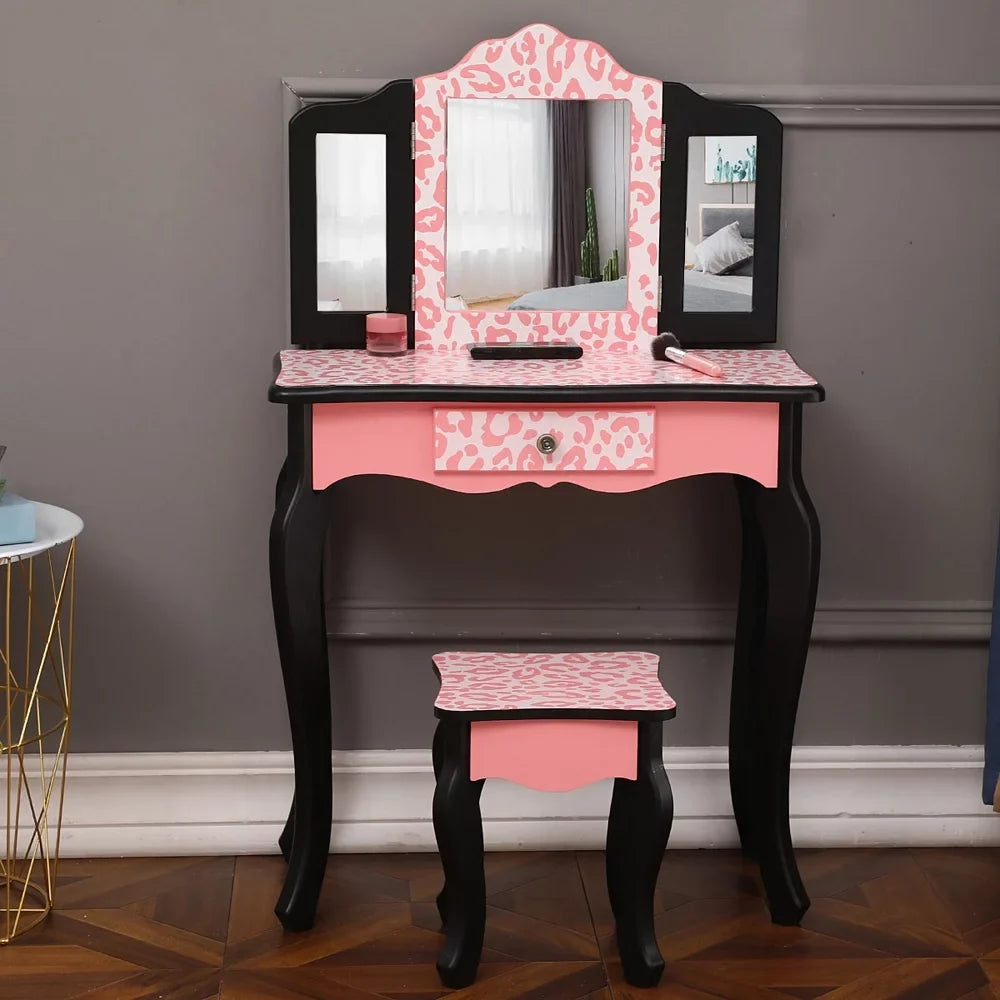 Topcobe Vanity Table Set with Mirror for Girls; 2 Drawers Makeup Table with Removable Desk Makeup Organizer; Pink Bedroom Dressing Table with Vanity Stool