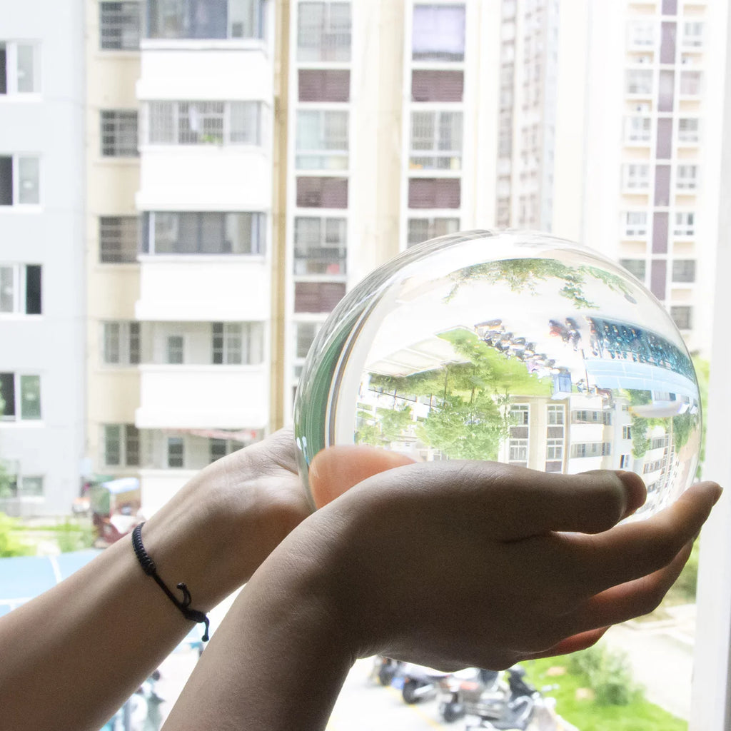 bimiti 5.9" Clear Crystal Glass Ball; 150mm Large Glass Marbles Sphere Magic Witch Ball with Wood Stand for Gift
