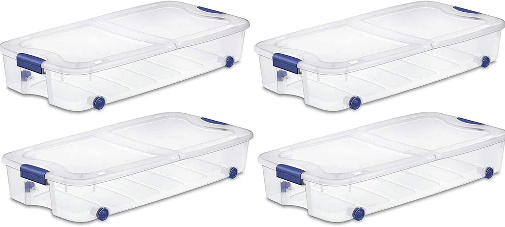 4-Pack Under Bed Plastic Storage Bin Unit Boxes Are Containers For Clothes; Books; Diapers; Shoes; Linen. Office Supplies; Camping; RV; Pantry Foods 66 Quart Capacity