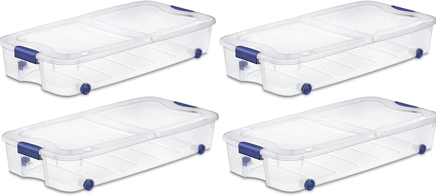 4-Pack Under Bed Plastic Storage Bin Unit Boxes Are Containers For Clothes; Books; Diapers; Shoes; Linen. Office Supplies; Camping; RV; Pantry Foods 66 Quart Capacity