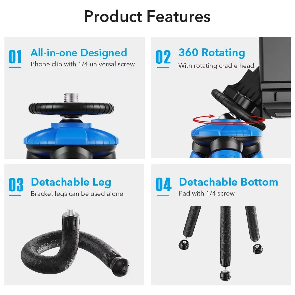 Apexel Flexible Octopus Tripod; Portable Travel Phone Tripod for DSLR Camera; Max Load 3kg