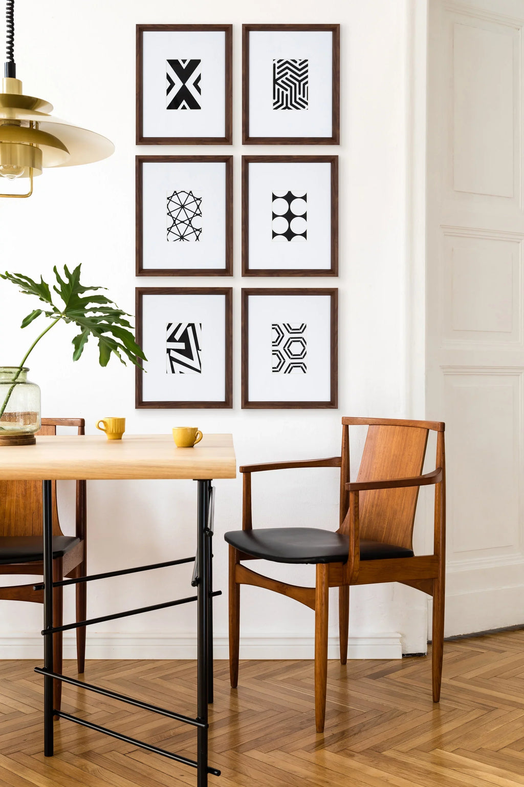 Kate and Laurel Calder Modern Framed Abstract Art Prints; Set of 6; Walnut Brown; Mid-Century Wall Decor for Display