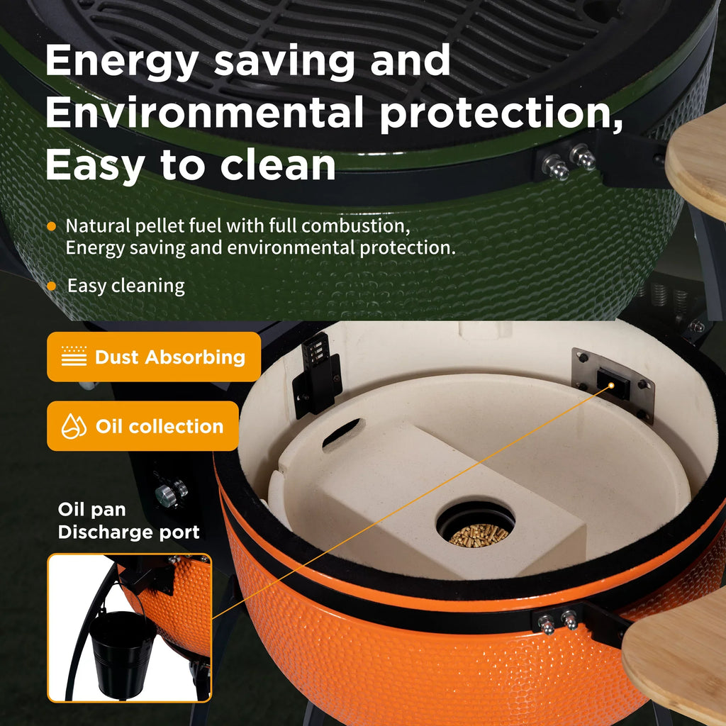 24 "Ceramic Pellet Grill with 19.6" diameter Gridiron Double Ceramic Liner 4-in-1 Smoked Roasted BBQ Pan-roasted for Outdoors Patio;Orange