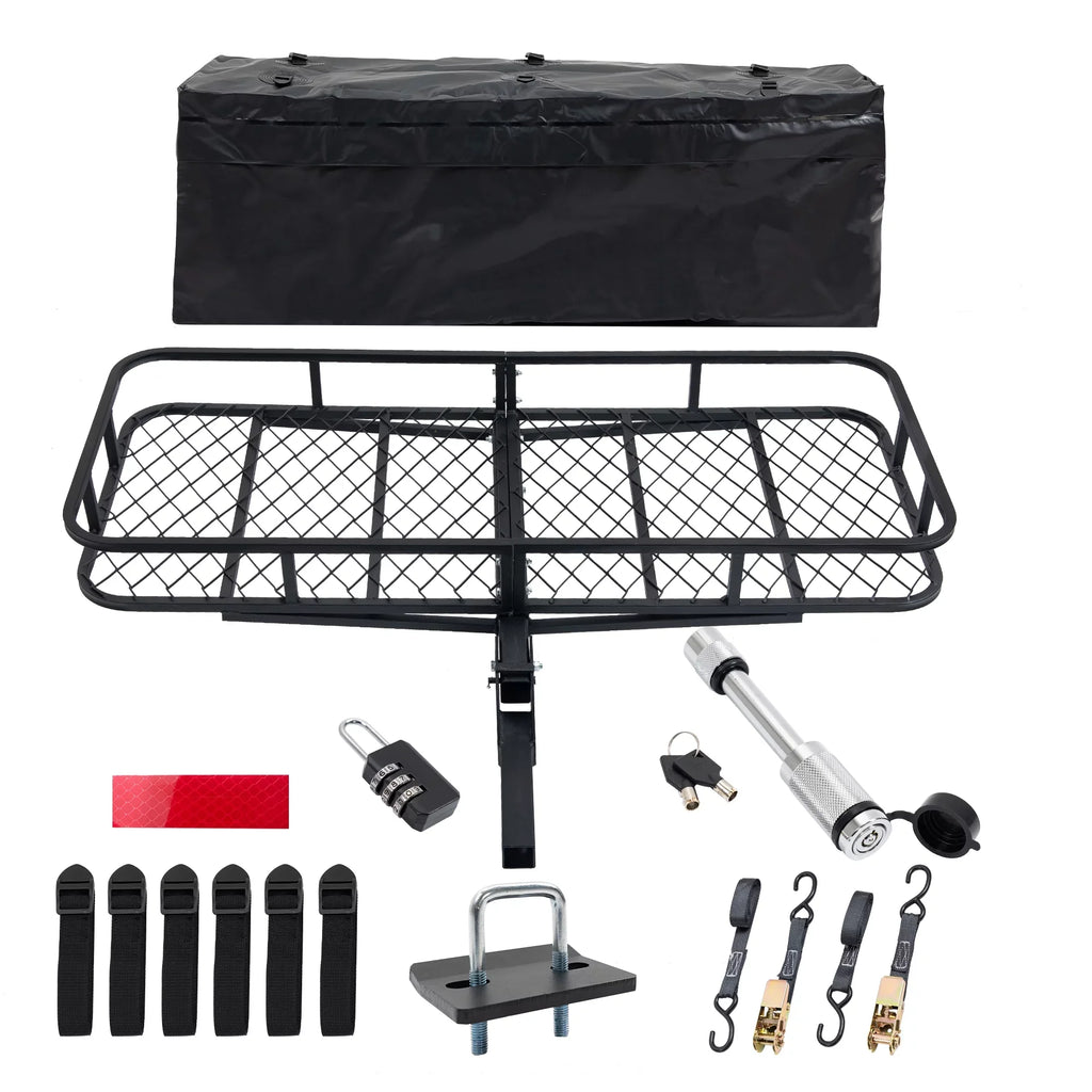 60" x 24" x 6" Hitched Mounted Folding Cargo Basket with a 500 lb Capacity for Car SUV Truck Trailer; Black
