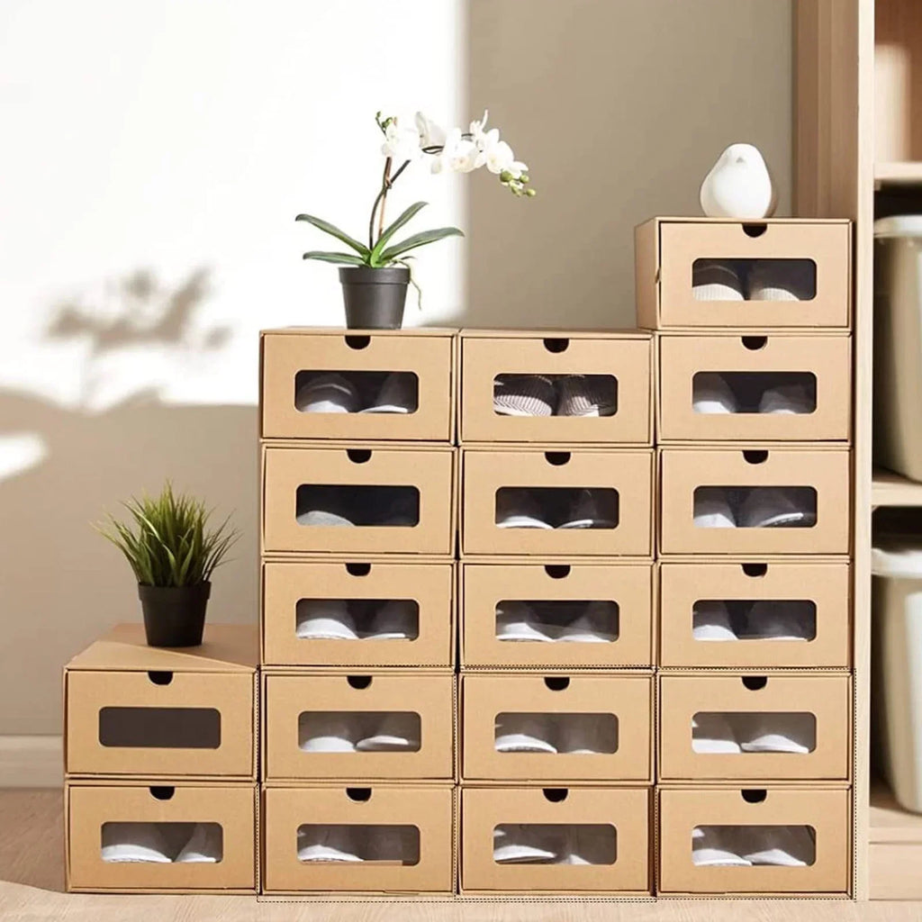 tonchean 10 Pack Cardboard Shoe Boxes - Stackable Shoes Storage Organizer Kraft Drawer Boxes with Lids and Transparent Window-Gift