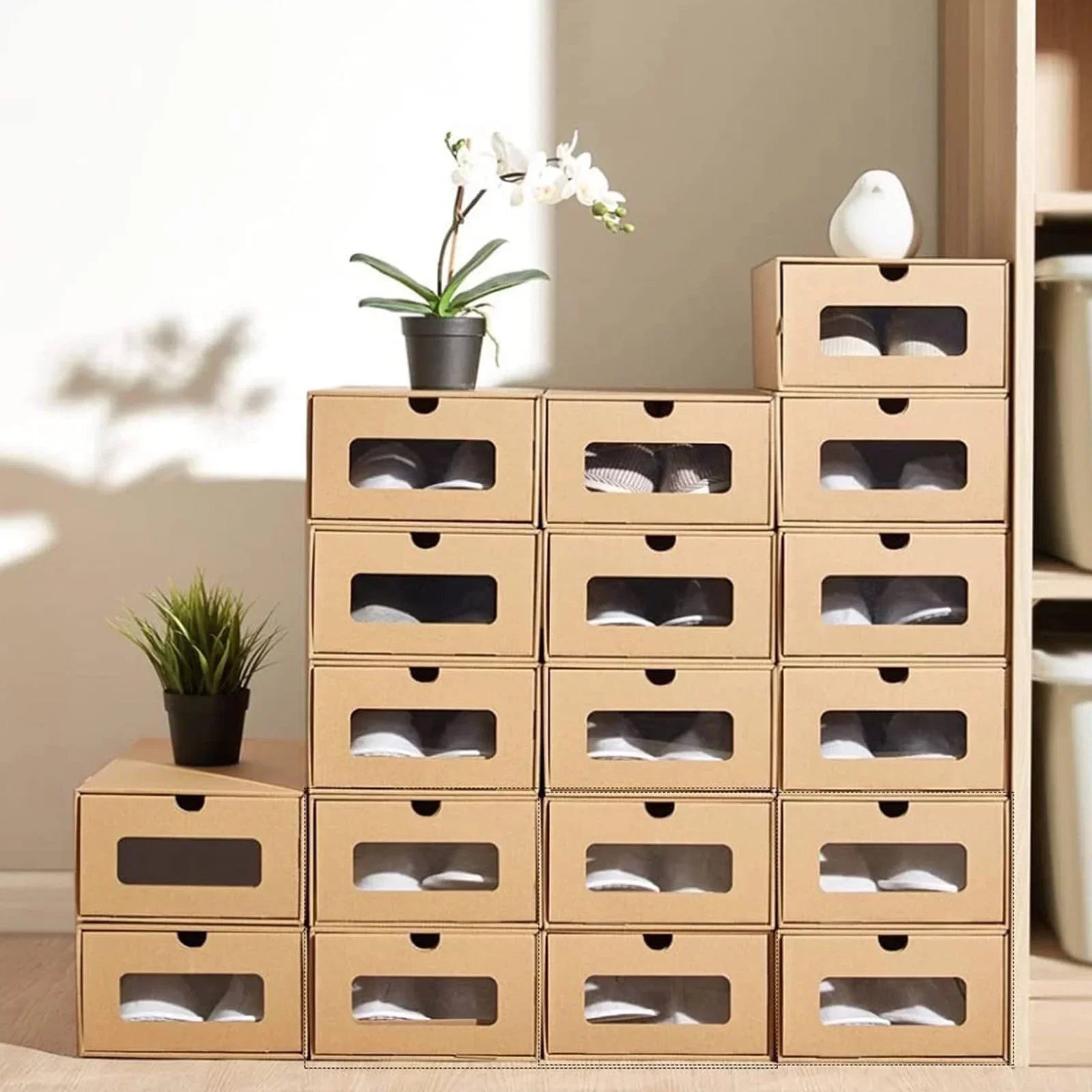 tonchean 10 Pack Cardboard Shoe Boxes - Stackable Shoes Storage Organizer Kraft Drawer Boxes with Lids and Transparent Window-Gift