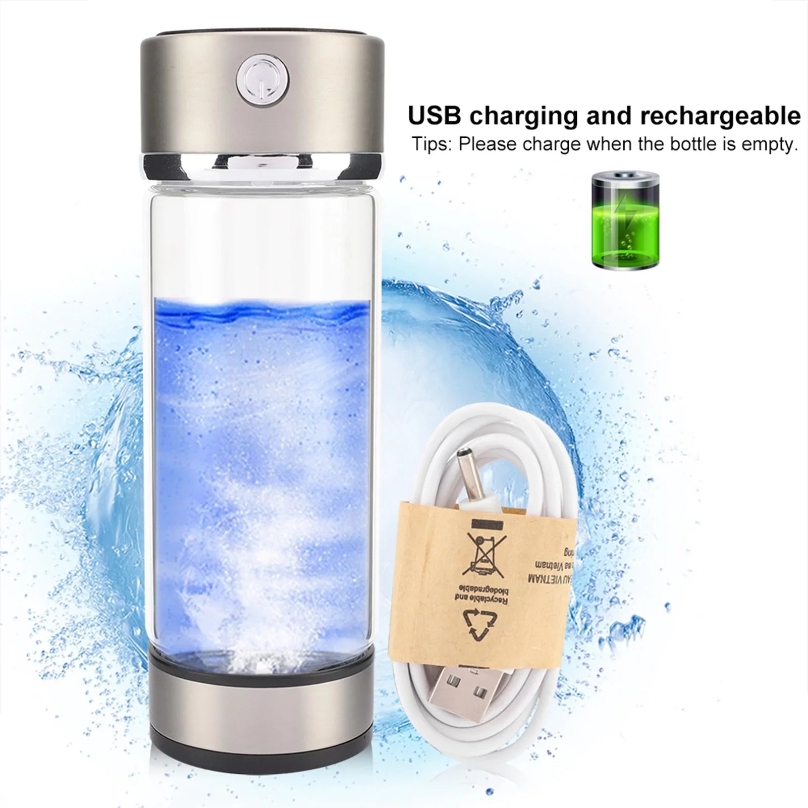 Nikou USB Charging Rich Hydrogen Purifier Filter Glass Bottle Anti-Skid Portable Lonizer Cup