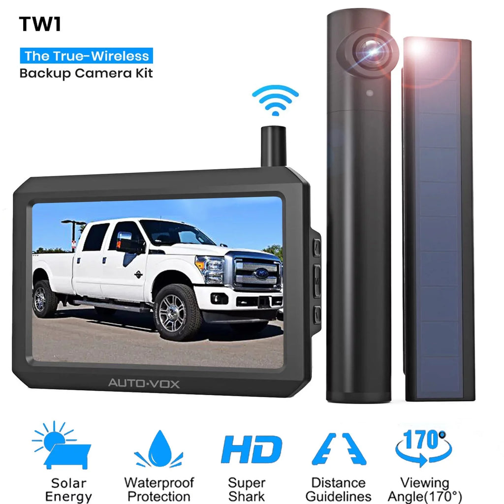 Auto-Vox Solar Wireless Backup Camera for Campervans; 2 Channel Wireless License Plate Back Up Rear View Camera with Solar Panel for Trucks Trailers (TW1)