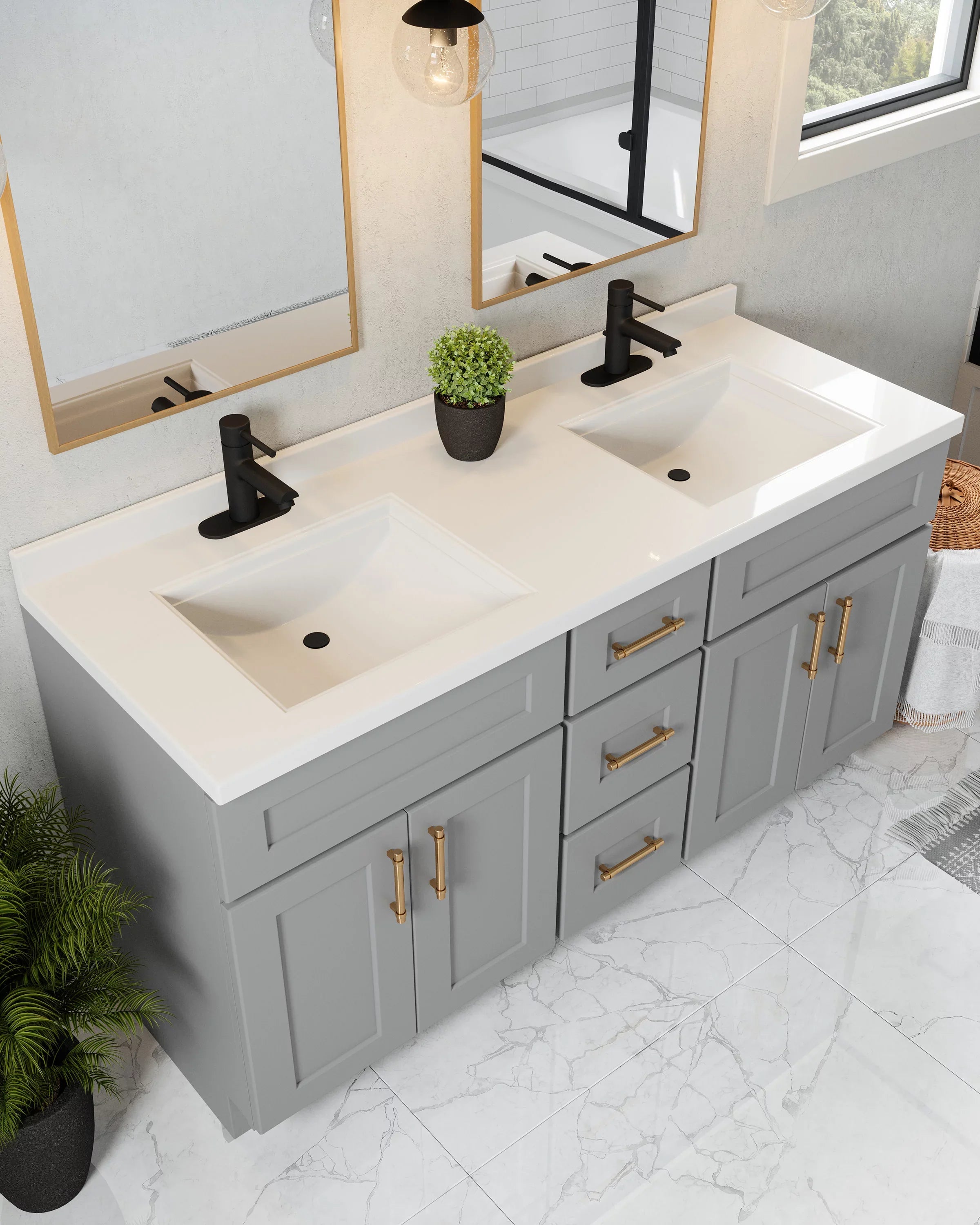 Design House 557678-WHT 61-inch Camilla Cultured Marble Centerset Mount Rectangle Double Bowl Vanity Top with Integrated Backsplash; Solid White
