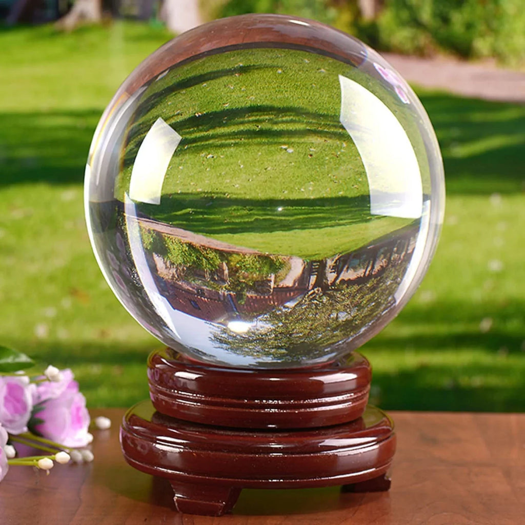 bimiti 5.9" Clear Crystal Glass Ball; 150mm Large Glass Marbles Sphere Magic Witch Ball with Wood Stand for Gift