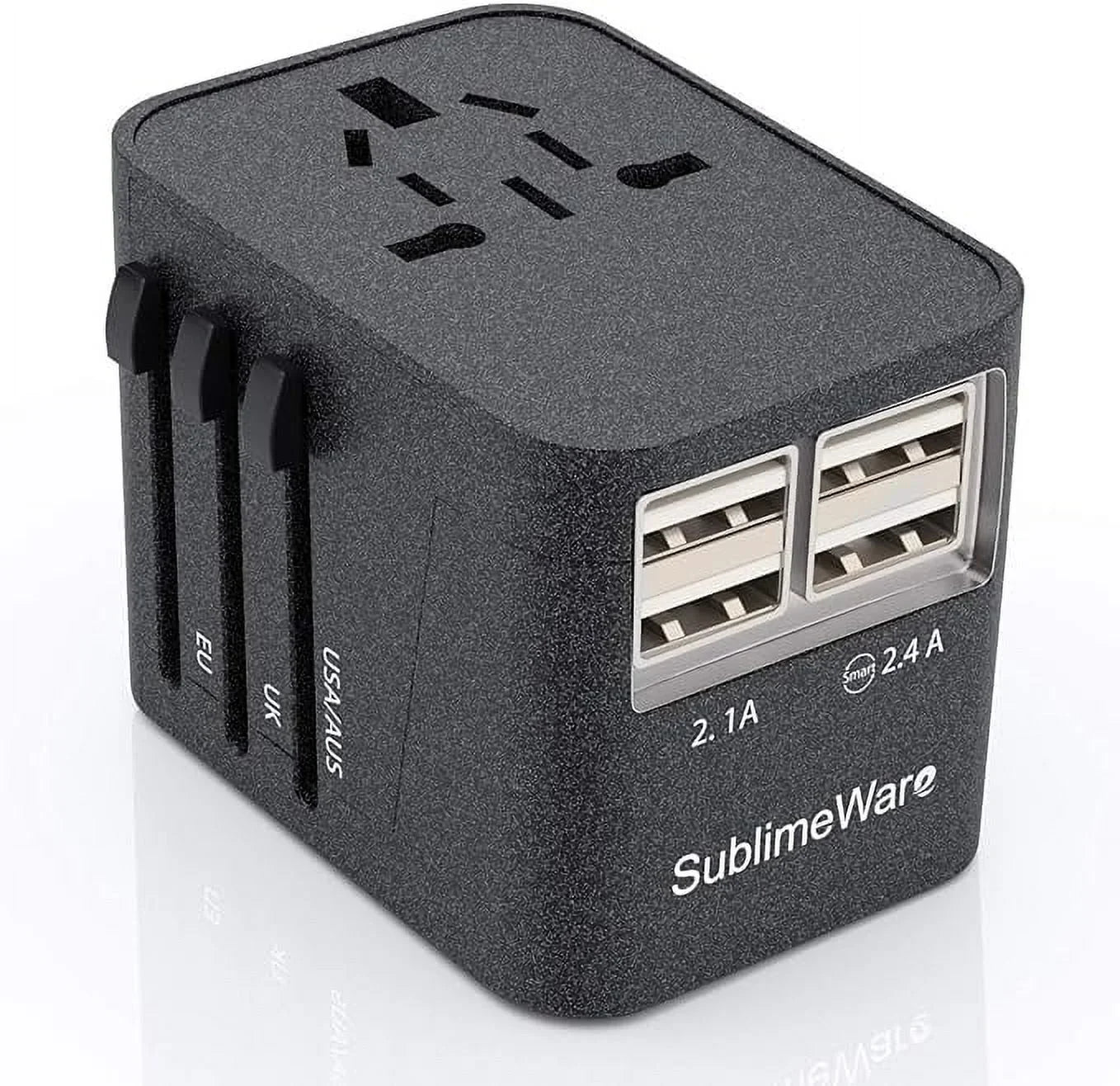 International Power Adapter for Travel (SandBlack) - 4 USB European Plug Adapter for 150+ Countries - for Europe UK America China Ireland Italy - Smart Charging 2.4A Travel Adapters by Sublimeware