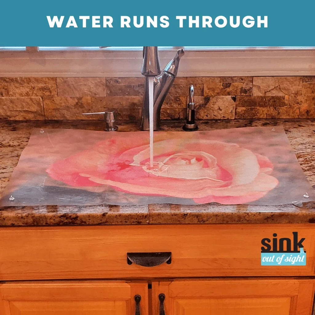 Sink Out of Sight- Home Décor Kitchen Sink Cover; Hot/Cold Liquids and Debris pass through cover; 5 Designs; 2 adjustable sizes. Design: Jenny's Rose Size 39.5"X20" for double sink coverage -SK2-JR2-a