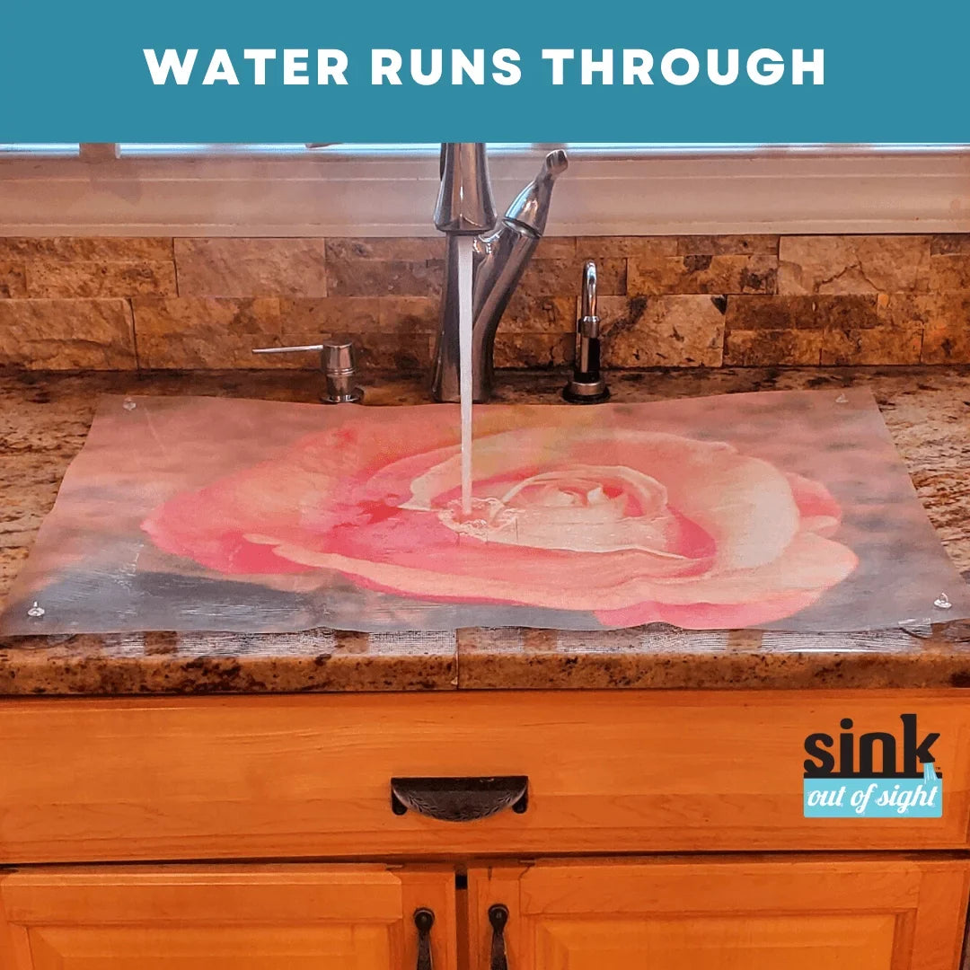 Sink Out of Sight- Home Décor Kitchen Sink Cover; Hot/Cold Liquids and Debris pass through cover; 5 Designs; 2 adjustable sizes. Design: Jenny's Rose Size 39.5"X20" for double sink coverage -SK2-JR2-a
