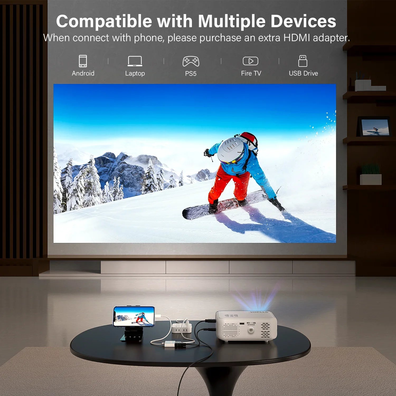 Auking 5G WIFI Bluetooth Mini Projector; 9800Lumens 1080P Full HD and 220" Display Supported movie Projector; Home Theater Projector Compatible with iOS/Android; (Tripod Included)