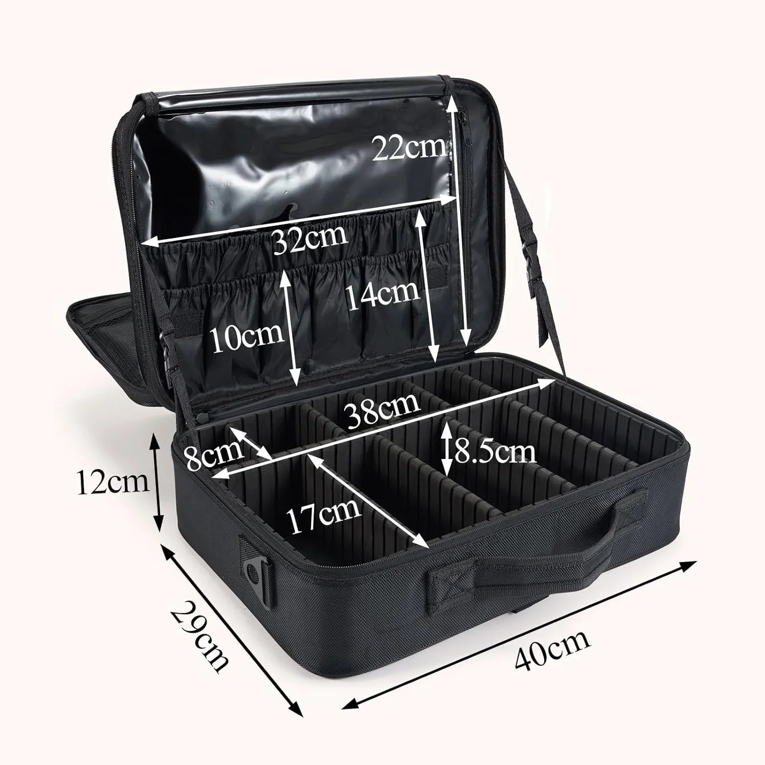 Extra Large Travel Makeup Bag Cosmetic Case Organizer Beauty Train Case with Shoulder Strap and Dividers Compartment; Black