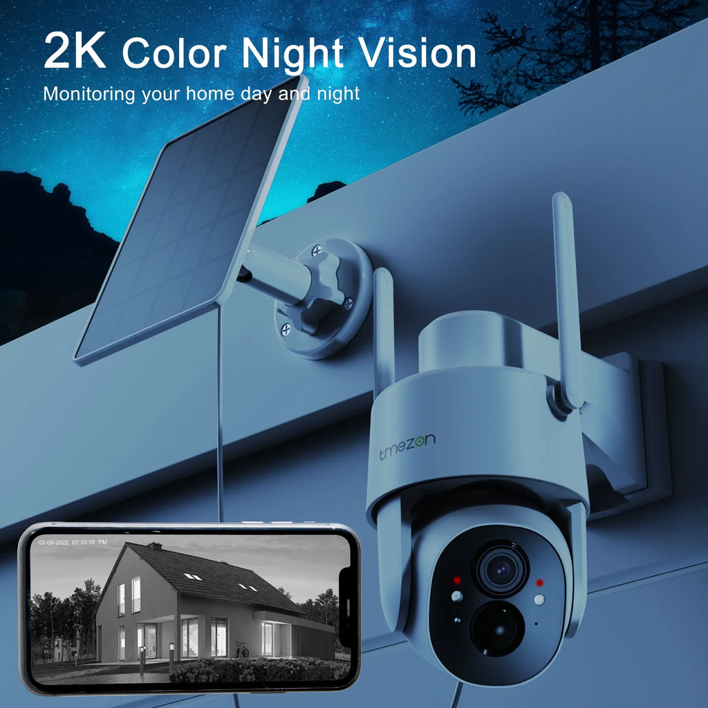TMEZON Security Camera Outdoor Wireless; 2K Surveillance Camera Wireless Solor Powered for Smart Home ; PTZ WiFi Control; Night Vision;IP66 Liquidproof
