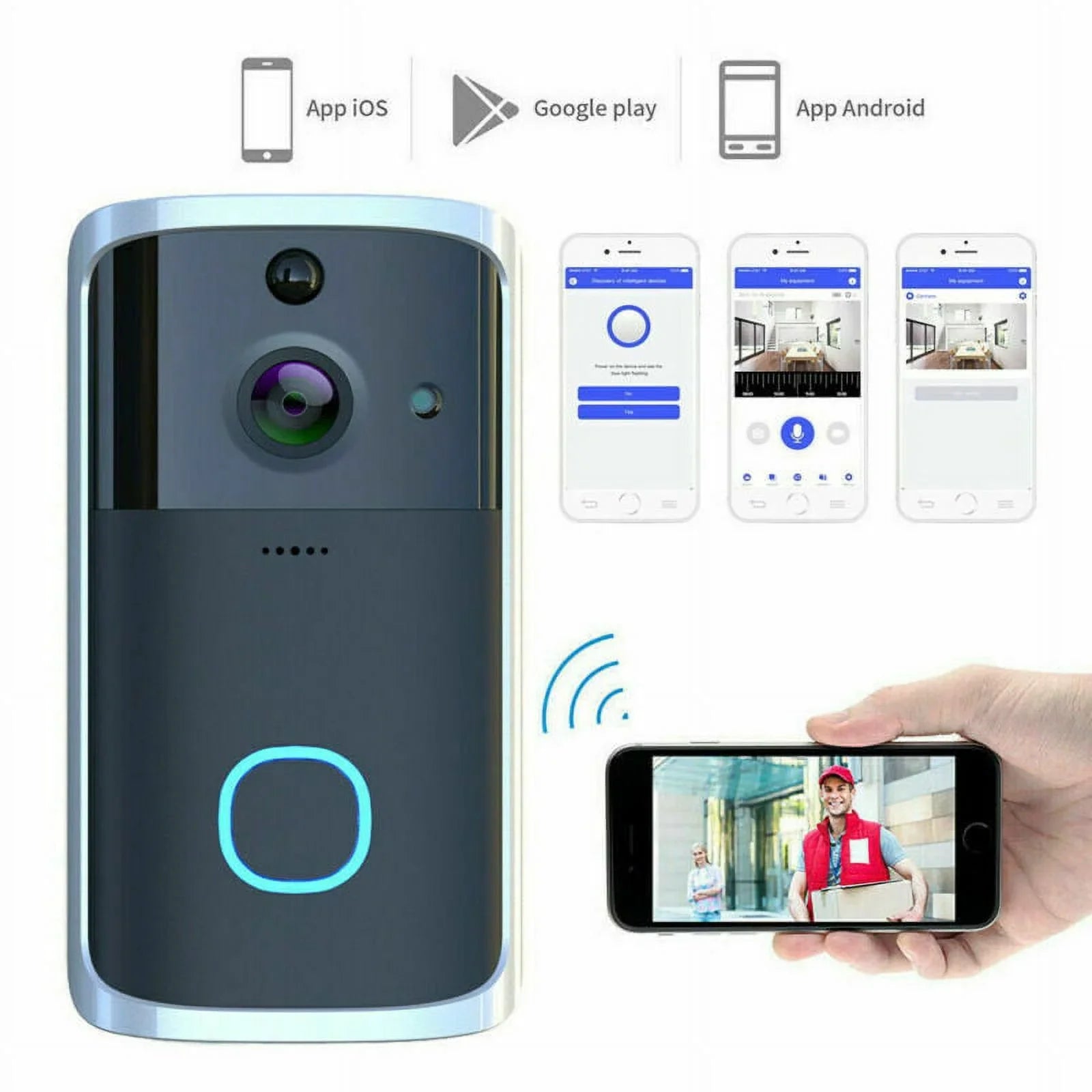 WiFi Visual Ring Smart Doorbell Smart Home Wireless Camera Video Door Bell Phone Intercom Homekit Security Automation Module-Black