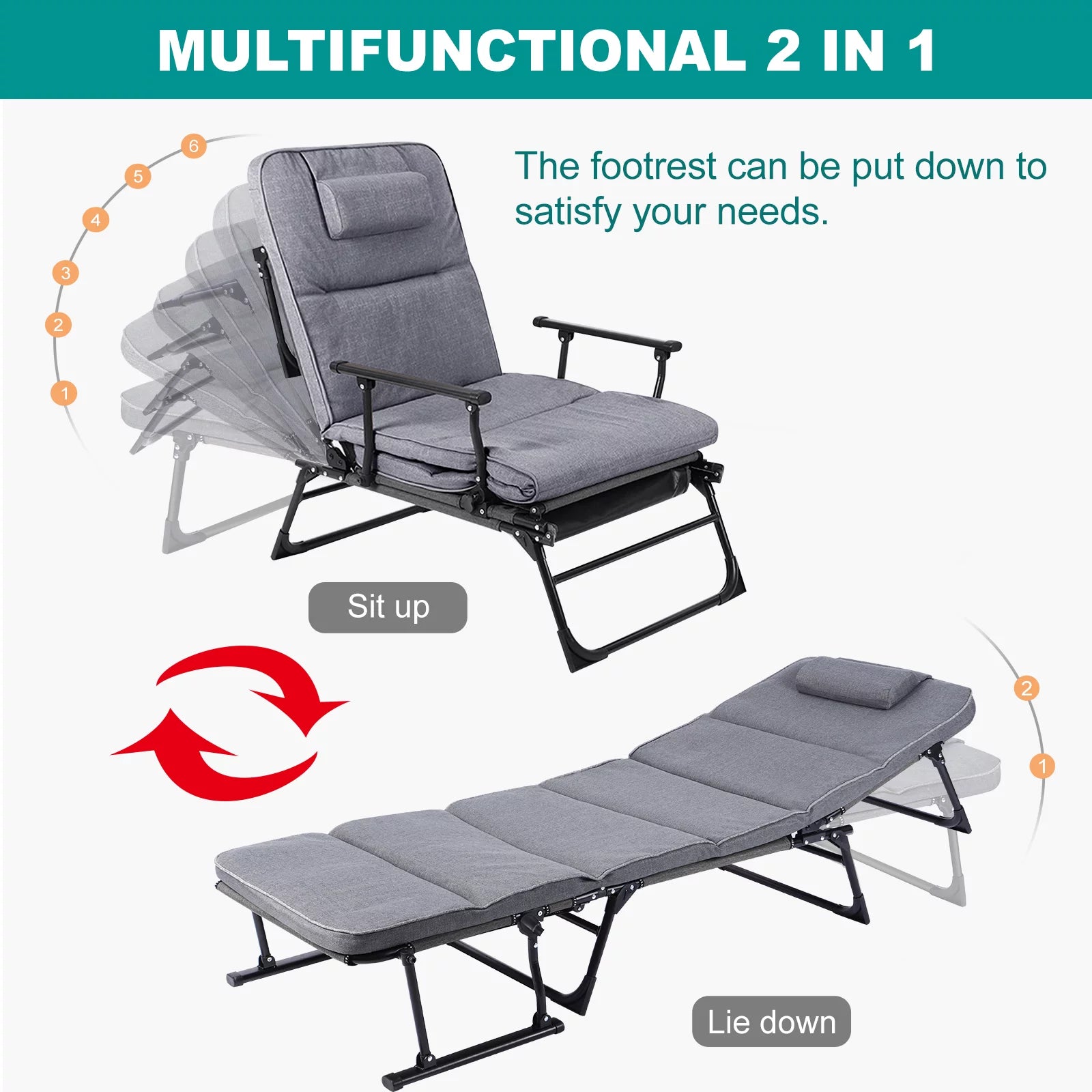 Lilypelle Outdoor Lounge Chair;Folding Bed Cot 6 Levels Adjustable Reclining Deck Chair;71 x 23.6 x 13 inch