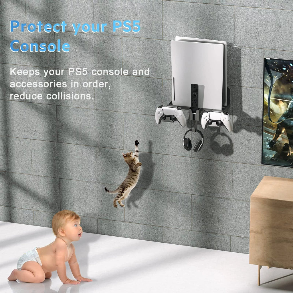 PS5 Wall Mount; 5 in 1 Playstation 5 Wall Mount (Disc and Digital Edition) Wall Bracket for Playstation 5 with Detachable Controller Holder & Headphone Hanger & Remote Control Bracket (Black)