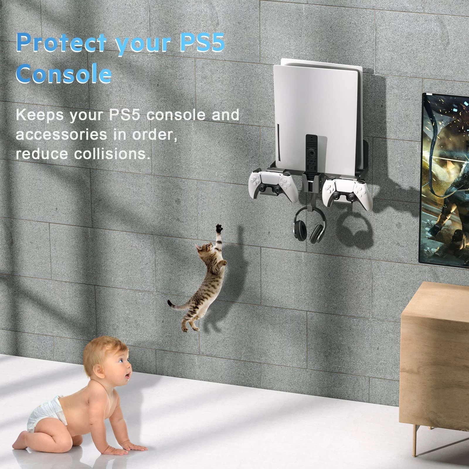 PS5 Wall Mount; 5 in 1 Playstation 5 Wall Mount (Disc and Digital Edition) Wall Bracket for Playstation 5 with Detachable Controller Holder & Headphone Hanger & Remote Control Bracket (Black)