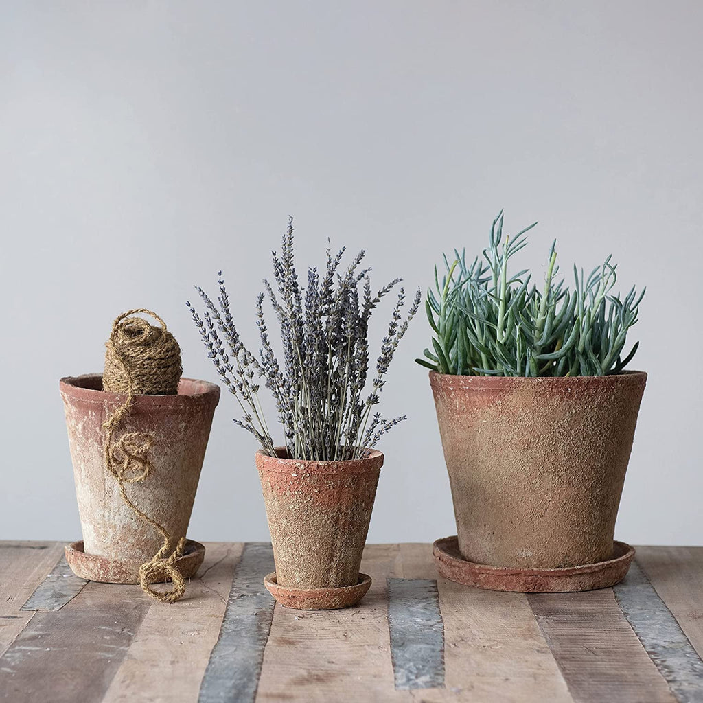 Creative Co-Op Cement Planter with Saucer; Distressed Terra-cotta Finish; Set of 2 (Holds 8" Pot)