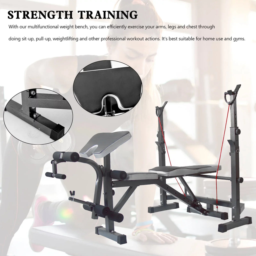 US Stock Body Champ Olympic Weight Bench; Workout Equipment for Home Workouts; Bench Press with Preacher Curl; Leg Developer and Crunch Handle for At Home Workouts