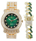 Bling-ed Out Silver Round Luxury Mens Watch w/Bling-ed Out Bracelet - (L0504DXB ZZ Gold Money Green)