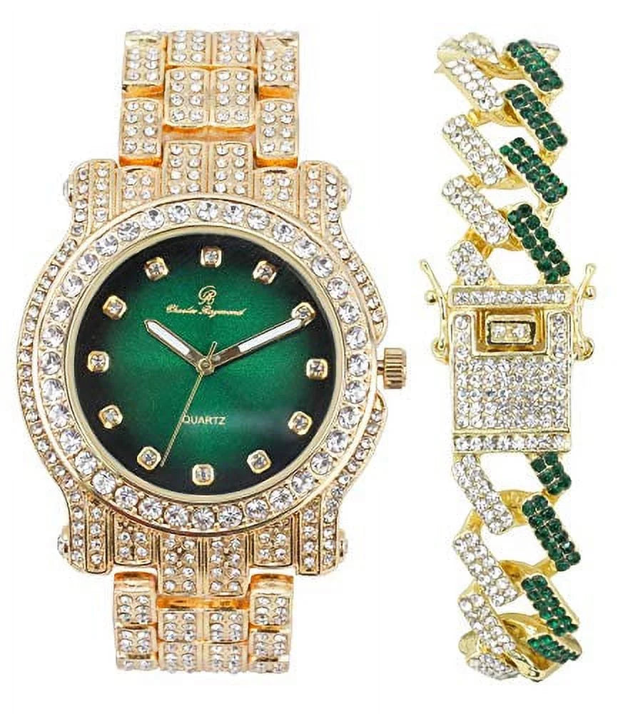 Bling-ed Out Silver Round Luxury Mens Watch w/Bling-ed Out Bracelet - (L0504DXB ZZ Gold Money Green)