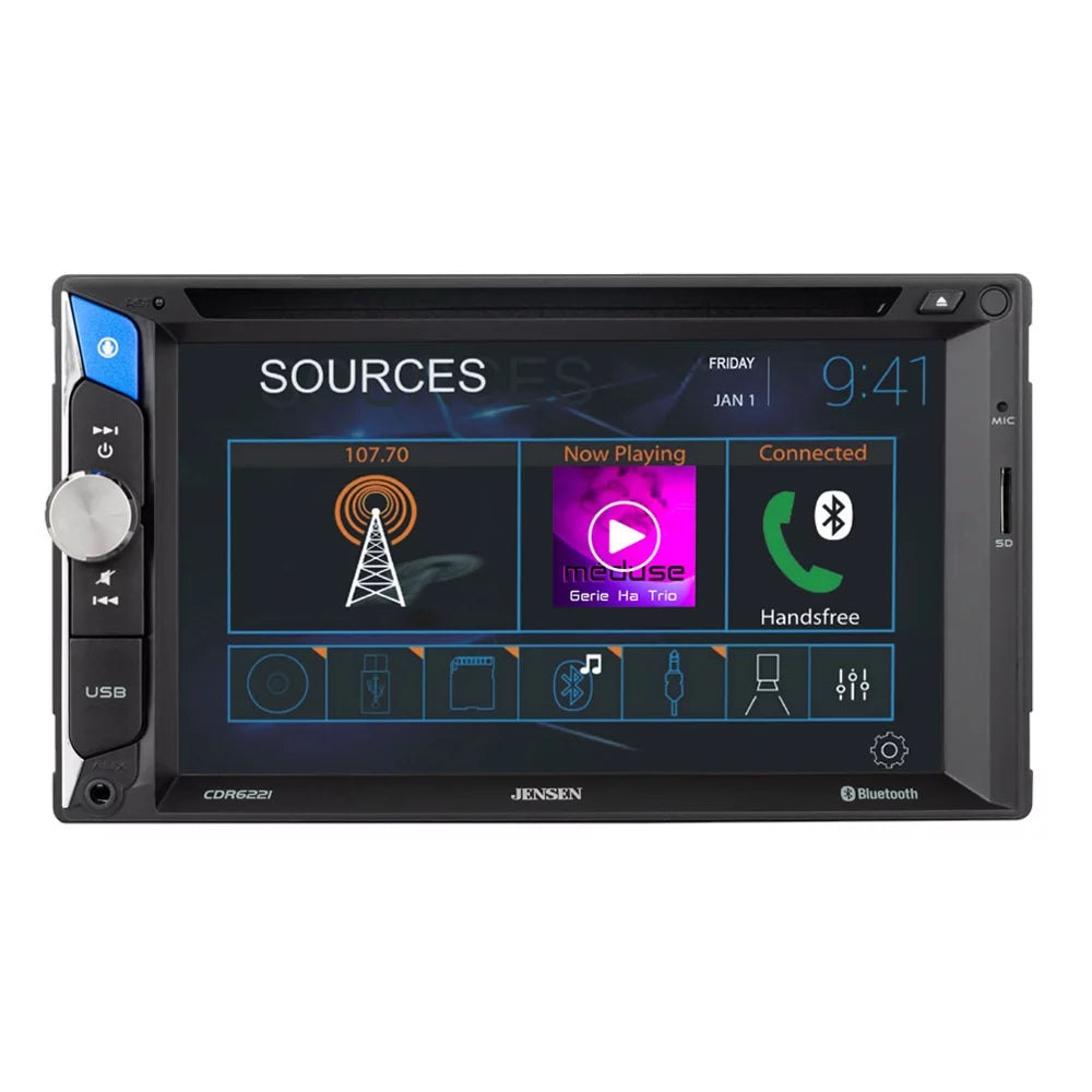 Jensen CDR6221 6.2 inch LED CD/DVD Touch Screen Double Din Car Stereo | Push to Talk Assistant | Backup Camera Input | Bluetooth | USB Fast Charging | microSD