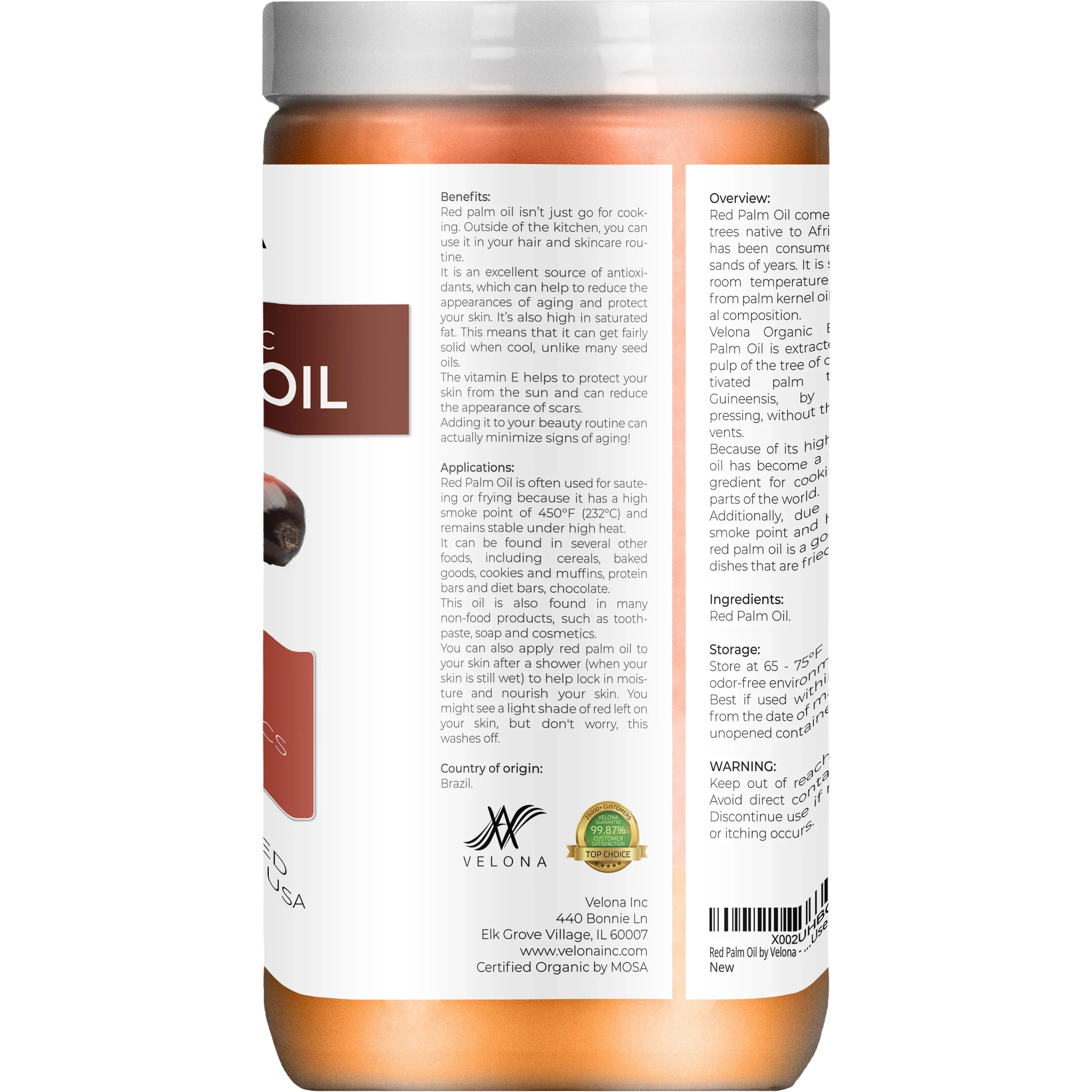 Velona USDA Certified Organic Red Palm Oil - 32 oz | Food and Cosmetic Grade | in jar | Extra Virgin; Cold Pressed | Skin; Face; Body; Hair Care | Use Today - Enjoy Results