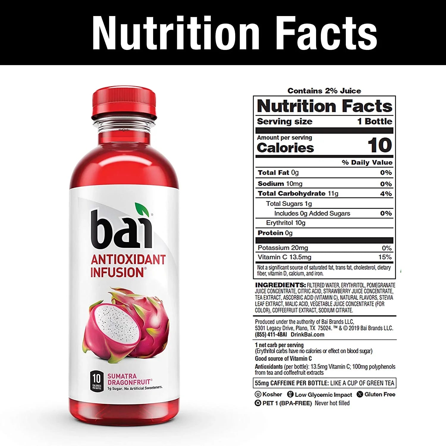Bai Flavored ; Rainforest Variety Pack; Antioxidant Infused Drinks; 18 Fluid Ounce Bottles; 12 Count; 3 Each of Brasilia Blueberry; Costa Rica Clementine; Malawi Mango; Sumatra Dragonfruit