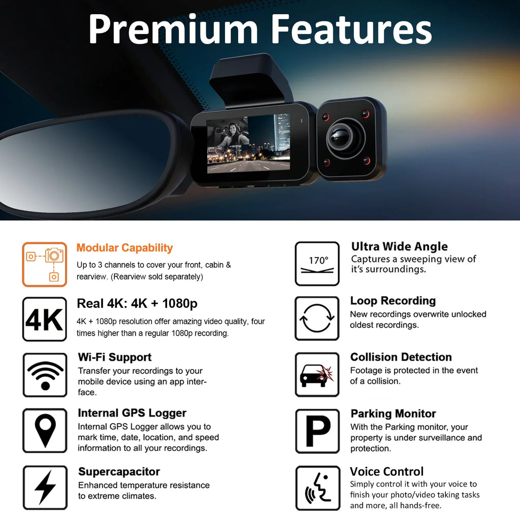 V5C Dash Cam Front 4K & 1080p Cabin Camera w/ Modular Capabilities; Wi-Fi; and GPS