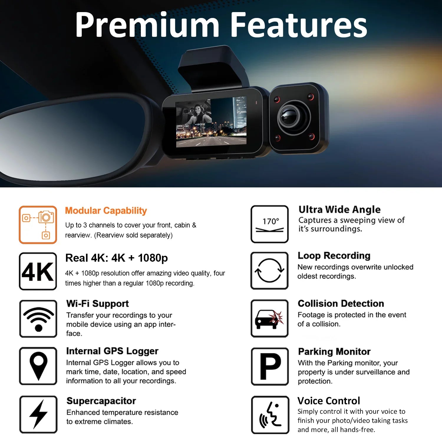 V5C Dash Cam Front 4K & 1080p Cabin Camera w/ Modular Capabilities; Wi-Fi; and GPS
